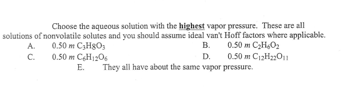 Highest vapor aqueous solution choose solved transcribed text show